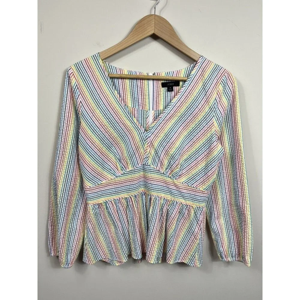 J. Crew Pastel Multicolor Striped V-Neck Peplum Top